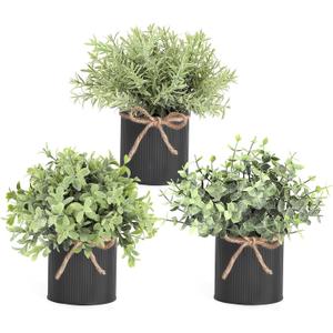 Mkono 3 Pack Small Fake Plants in Black Galvanized Metal Pots Artificial Eucalyptus Plants for Christmas Decorations Shelf Desk Home Farmhouse Room Coffee Table Bathroom Decor
