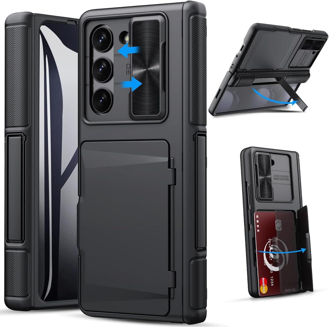 GBEE for Samsung Galaxy Z Fold 5 Case with Kickstand & Screen Protector & Card Holder & Sliding Camera Cover & Hinge Protection, Durable Rugged Stand Wallet Phone Case for Galaxy Z Fold 5 2023, Black