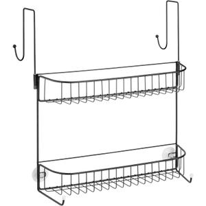mDesign Extra Wide Metal Wire Over The Bathroom Shower Door Caddy, Hanging Storage Organizer with Built-in Hooks and Baskets on 2 Levels for Shampoo, Body Wash, Loofahs, Rust Resistant - Matte Black