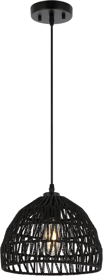 JONATHAN Y 10.25" Black Modern Bohemian Woven Rope LED Pendant Light Fixture, Adjustable Dome Ceiling Lamp for Kitchen Island, Rope Shade, Coastal Farmhouse Decor (JYL6513B)