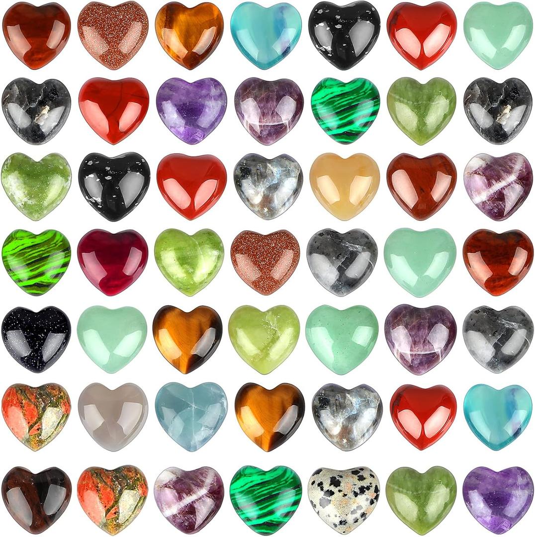 Fumete 50 Pcs Natural Heart Shaped Crystal Stones Bulk Worry Stones Healing Gemstone Gifts for Woman Mini Assorted Pocket Heart Stone for Energy Balancing Meditation