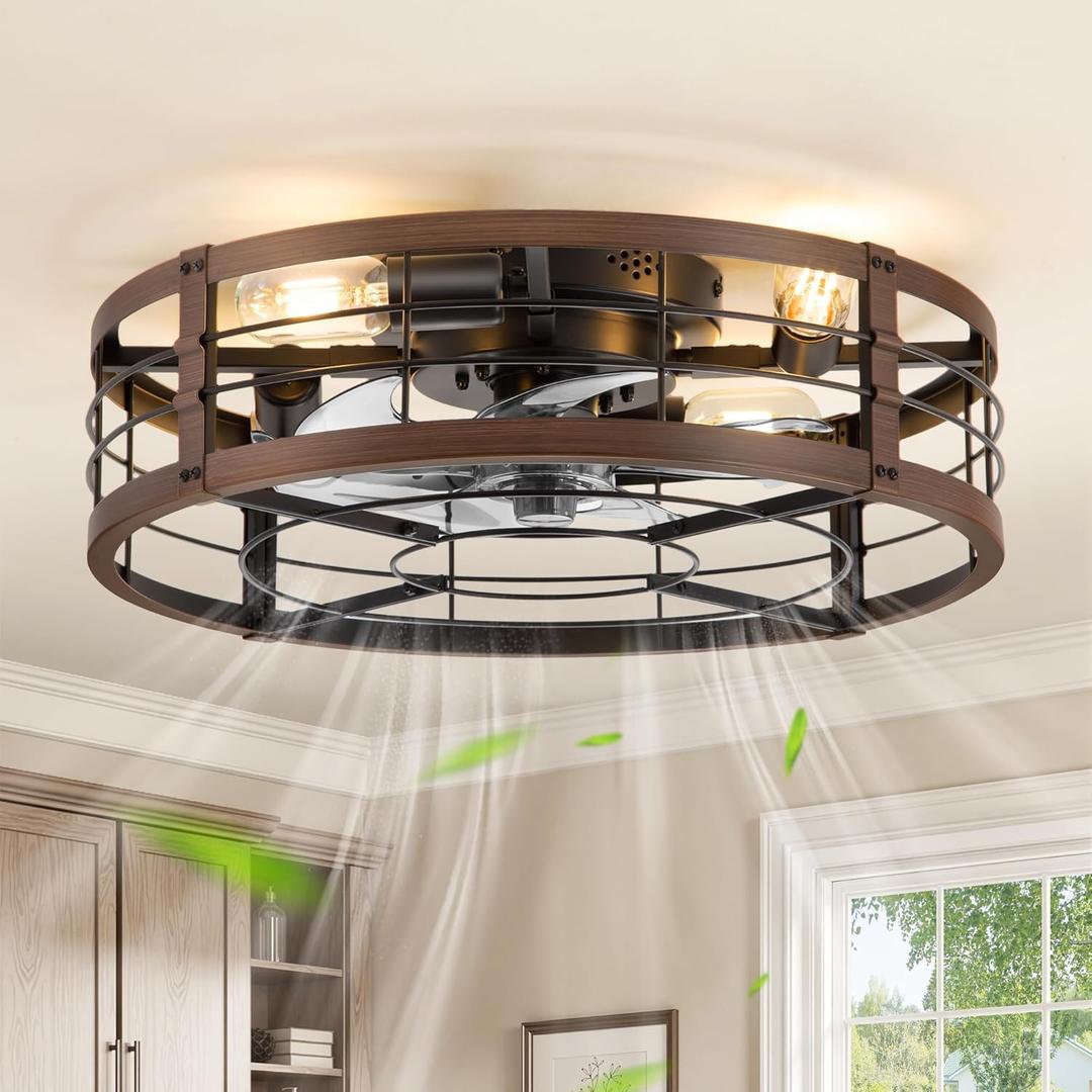 LEDIARY 20" Caged Ceiling Fan with Light and Remote, Low Profile Flush Mount Fandelier, Walnut Bladeless Enclosed Small Fan Lights Ceiling Fixtures, Rustic Farmhouse Style for Bedroom, Outdoor