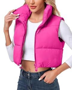 Cityork Women's Winter Crop Vest Puffer Lightweight Stand Collar Padded Vest Zip Up Sleeveless Jacket Rose Red L