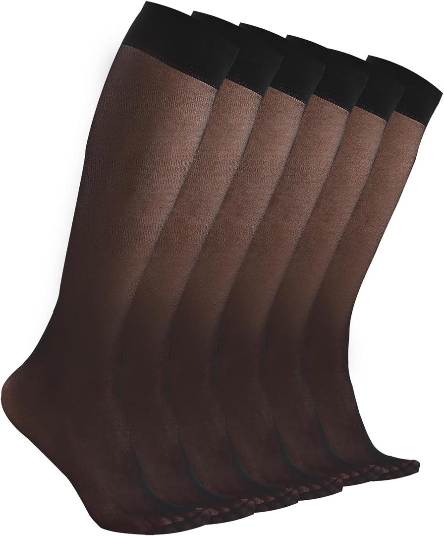 6 Pairs Knee High Stockings for Women 20D Sheer Nylon Trouser Socks with Reinforced Toes (One Size, Black)