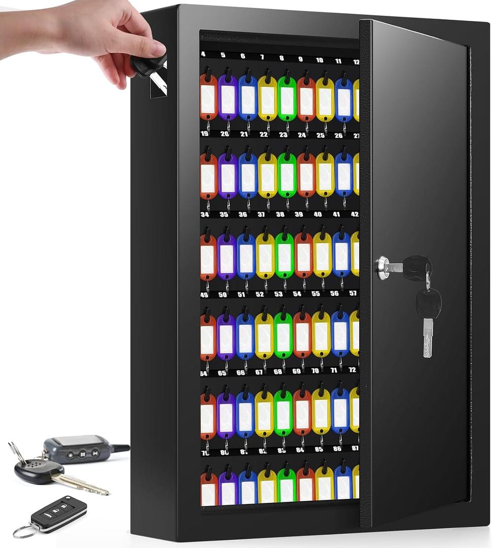 Nebakne 125 Position Key Cabinet Wall Mount with Anti-Theft Deposit Key Slot, Key Box Organizer with Key Hooks & 125 Tags Key Labels, Key Safe for Hotels & Office & Companies & Car Dealerships