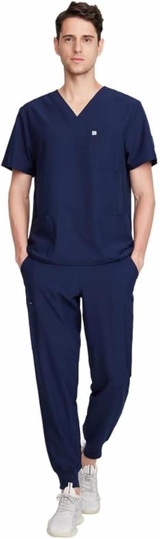 Uniforms World Louis Scrubs Set for Men Classic V-Neck Stretch Top & Jogger Pants Yoga Waistband, 8 Pockets (Blue, L)