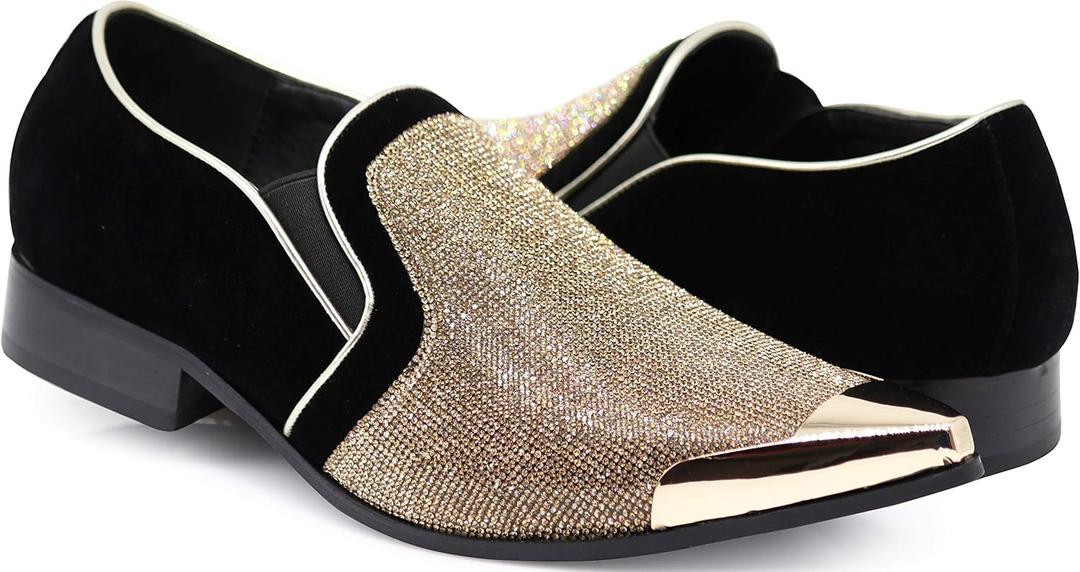 Enzo Romeo Crisiano Men Rhinestone Chrome Toe Suede Pointy Dress Loafer Slip On Shoes (8.5, Gold)