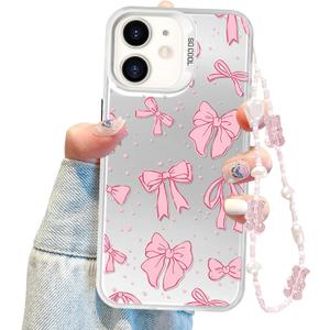 Jusy Coquette Bowknot Phone Case for iPhone 11, Cute Pink Ribbon Bow Aesthetic Case for Women Girls with Bracelet Chain - 2019 Pink