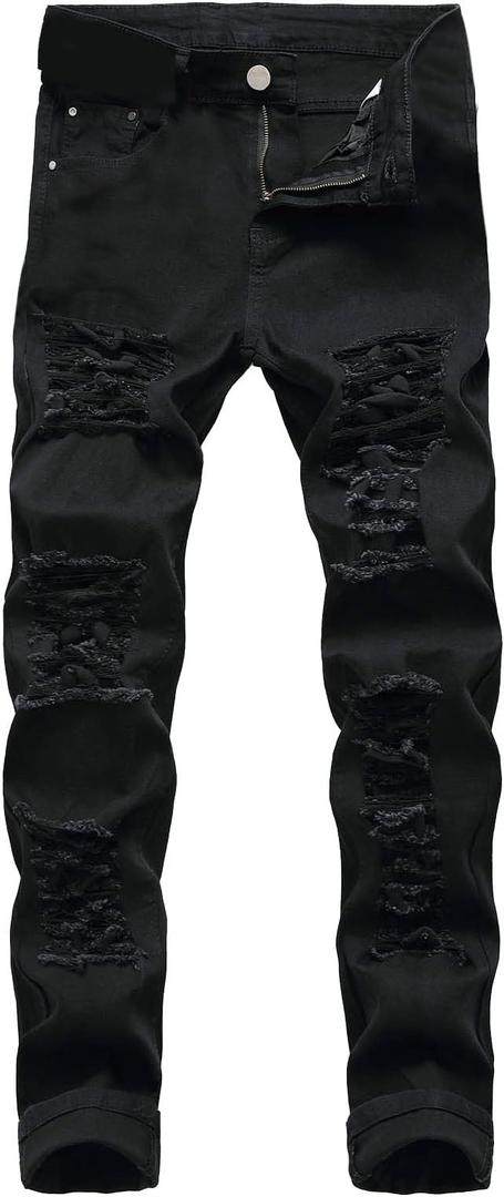 Mens Ripped Jeans Slim Fit Stretch Straight Leg Distressed Denim Pants Big Tall Vintage Casual Streetwear with Pocket, M