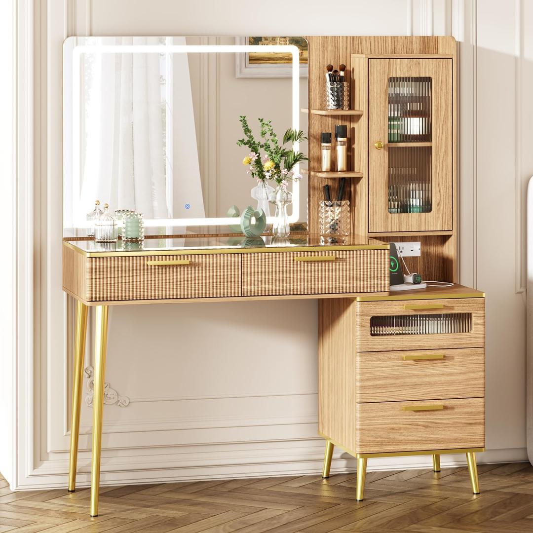 47.24" Big Modern Vanity Desk with Mirror and Lights,Makeup Vanity Desk with 5 Drawers and Storage Shelves & Power Outlet,Dressing Table with Glass Top, Oak