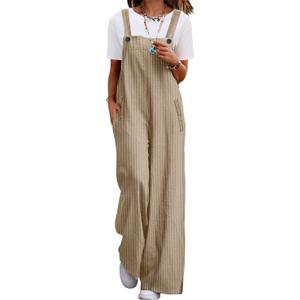 YESNO Women's Casual Corduroy Overalls Adjustable Straps Baggy Pants Wide Leg Jumpsuits with Pockets PC2 (Beige, XL)