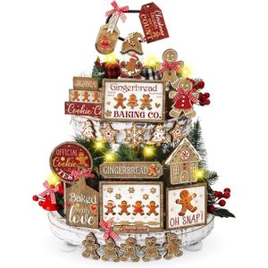 Shellwei 24 Pcs Christmas Tiered Tray Decor Set Wood Rustic Gingerbread Christmas Decoration Winter Farmhouse Decor Xmas Trees Gnome Elk Snowflake Signs for Table Shelf Home Centerpiece (Cute)