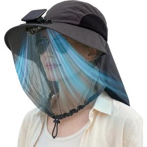 Short Brim Sun Hat with Solar Fan & Face Net Mask for Men Women UPF 50+ Neck Flap for Garden Outdoor Fishing Beach Essential