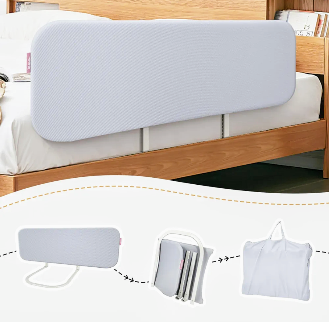 Q-MIULIKE Baby Bed Rail for Toddlers Portable Foldable 27 Height Adjustable Travel Toddler Bed Rails Easy to Install Suitable for Full King Queen Twin Bed Sizes (Grey 47 Inch, 1 Piece)