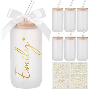 Skylety 6 Set Frosted Personalized Glass Cups with Name Stickers 16 oz Customized Coffee Cups with Bamboo Lids and Glass Straws Ribbon Vinyl Letter Decals DIY Gift for Proposal Bridal Shower Birthday