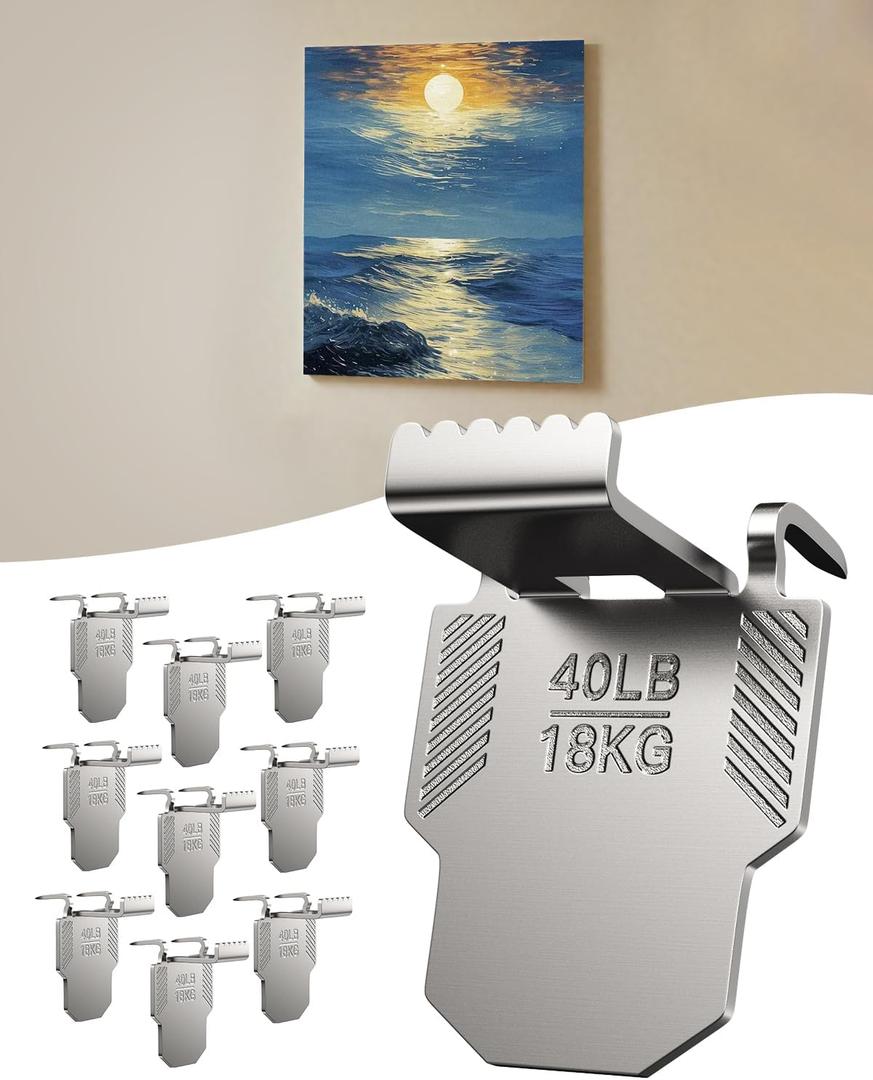 10 Canvas Hangers for Drywall Claw Hooks: Heavy Duty Damage Free Holds up to 40 lb 18"x24" Large Canvas Picture Frame Hanger Kit - Wall Hanging Hook Easy Removable for Room Dcor