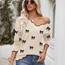 Zeagoo Cute Sweaters for Women Long Sleeve V Neck Bow Pullover Sweater Tops Business Dressy Casual Fall Outfits, Small 