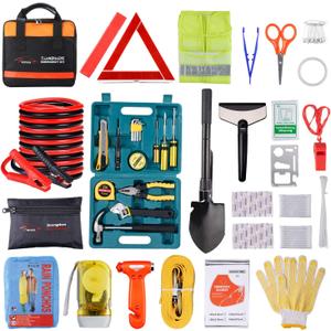 Vetoos Car Roadside Emergency Kit with Jumper Cables, Auto Vehicle Safety Road Side Assistance Kits, Winter Car Kit Essentials for Women and Men, with Car Repair Tool Set, Folding Survival Shovel