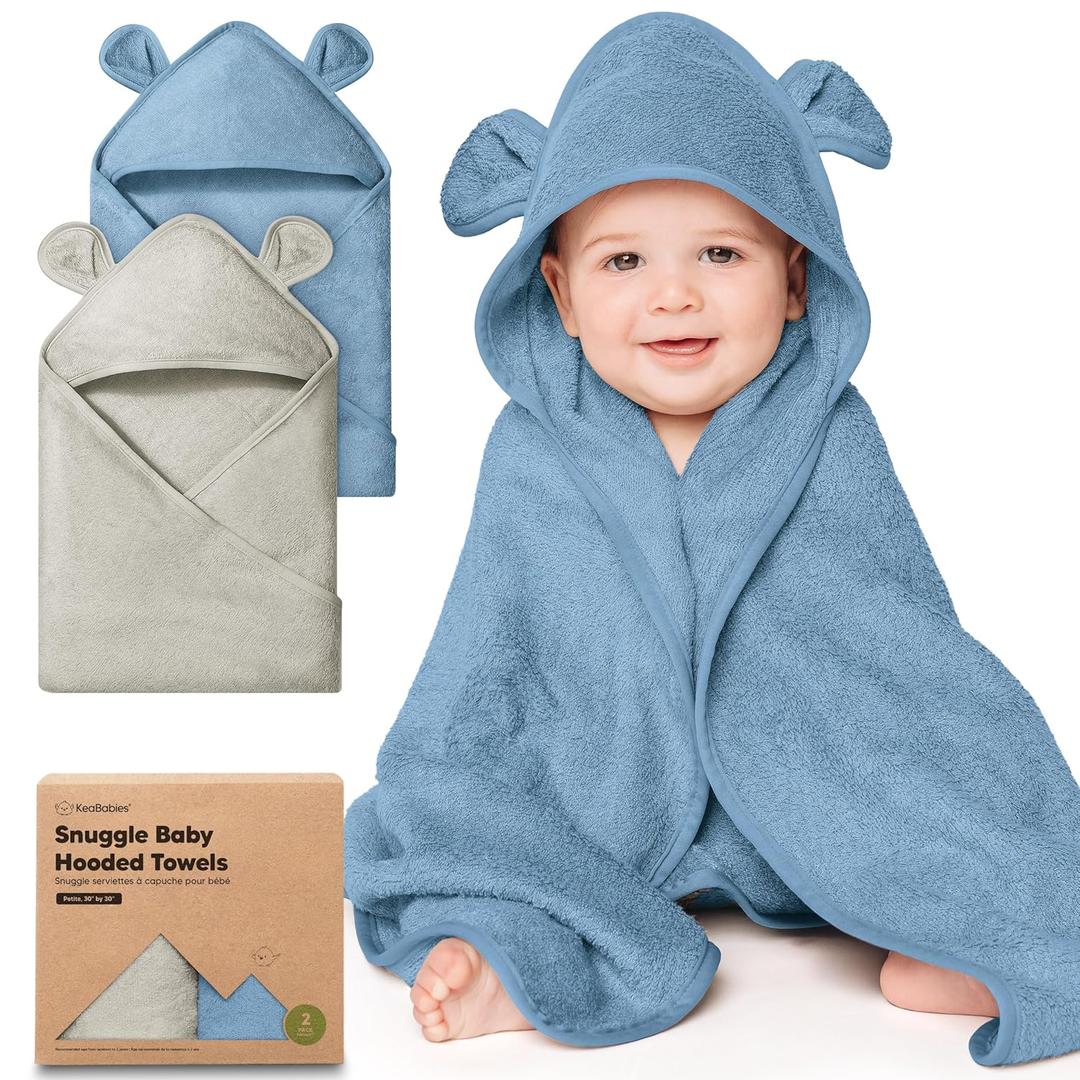 KeaBabies 2-Pack Hooded Baby Towels for Newborn - 30x30 Soft & Absorbent Viscose from Bamboo Baby Bath Towels with Hood for Infant, Toddler, Kids, Boys Girls, Newborn Bath Essentials (Steel, Petite)