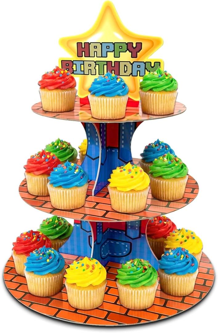 Star Cupcake Stand, Video Game Birthday Party Decoration, Dessert Tower Display Birthday Party Supplies 3-Tier Cupcake Stand (1)