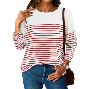 LilyCoco Womens Oversized Striped Shirt Color Block Crewneck Long Sleeve T Shirt Pink X-Large (XL)