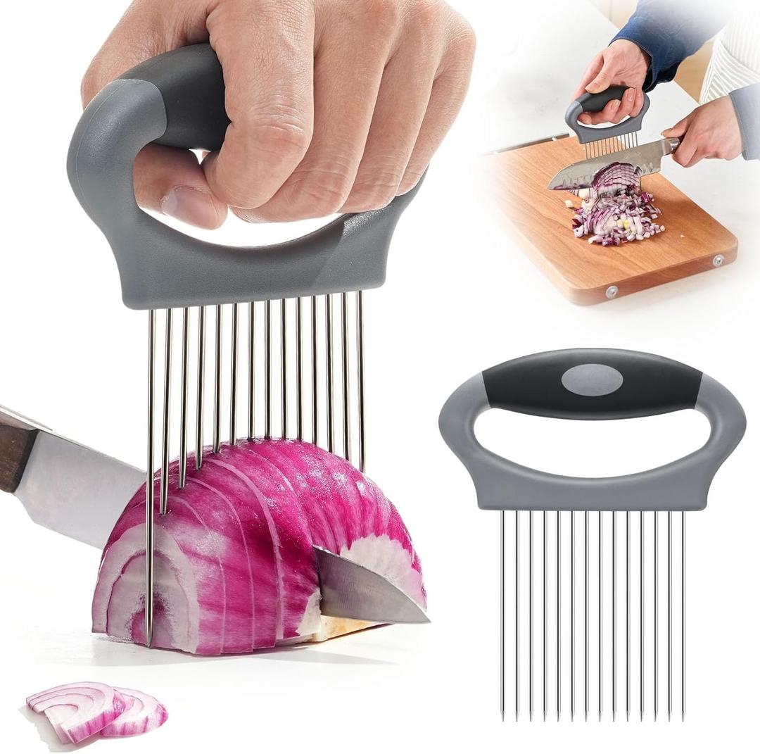 Onion Holder for Slicing, Large Stainless Steel Onion Slicer Holder - Multi-Purpose Vegetable Chopper Tomato Slicer, Food Cutter Assistant Tool for Potato, Avocado, Egg, Lemon, Fruit & Meat Tenderizer (BlackGrey)