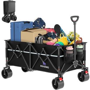 Large Beach Collapsible Wagon Cart with Wheels - Foldable Wagons 260L Heavy Duty 500lbs, Wagon with Big Wheels for Sand Folding Utility Wagons Carts for Sports Shopping Camping (Black)