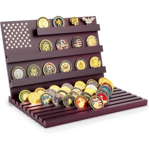 Challenge Coin Display Stand - 11 Rows Military Coins Holder Rack, Wooden Coin Collection Case for Table Top Display