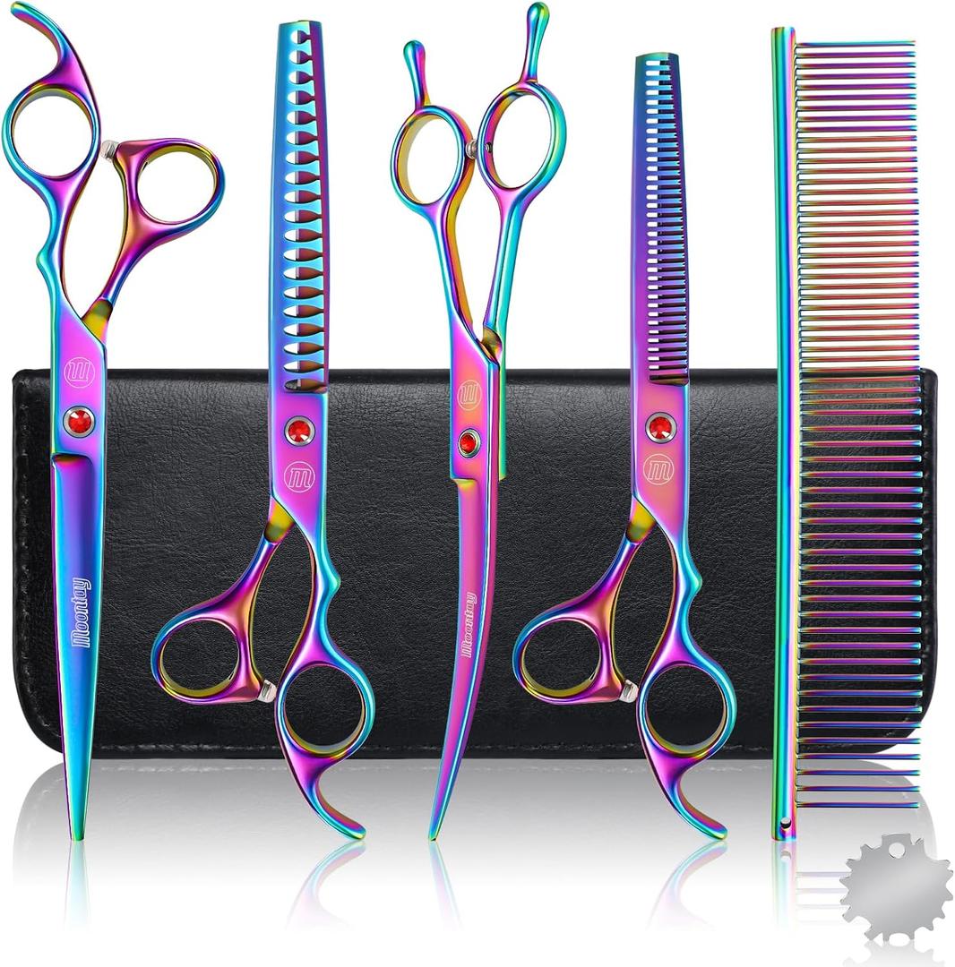 Professional Dog Grooming Scissors Set, 7 Inch/8 Inch Pet Grooming Scissors Chunkers Shears for Dog, Curved Dog Grooming Scissors, Thinning Shears for Dog with Grooming Comb (Rainbow)