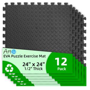 Art3d 6 Pack 24" x 24" EVA Interlocking Exercise Mats, 1/2" Thick Foam Puzzle Flooring for Workout, Gym Equipments, Training Areas, 24 Sq.FT, Black