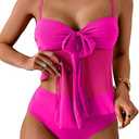 B2prity Womens Mesh Tankini Swimsuits Flowy Two Piece Bathing Suit V Neck Tie Knot Swim Top with High Waisted Bottom Red,  Size medium