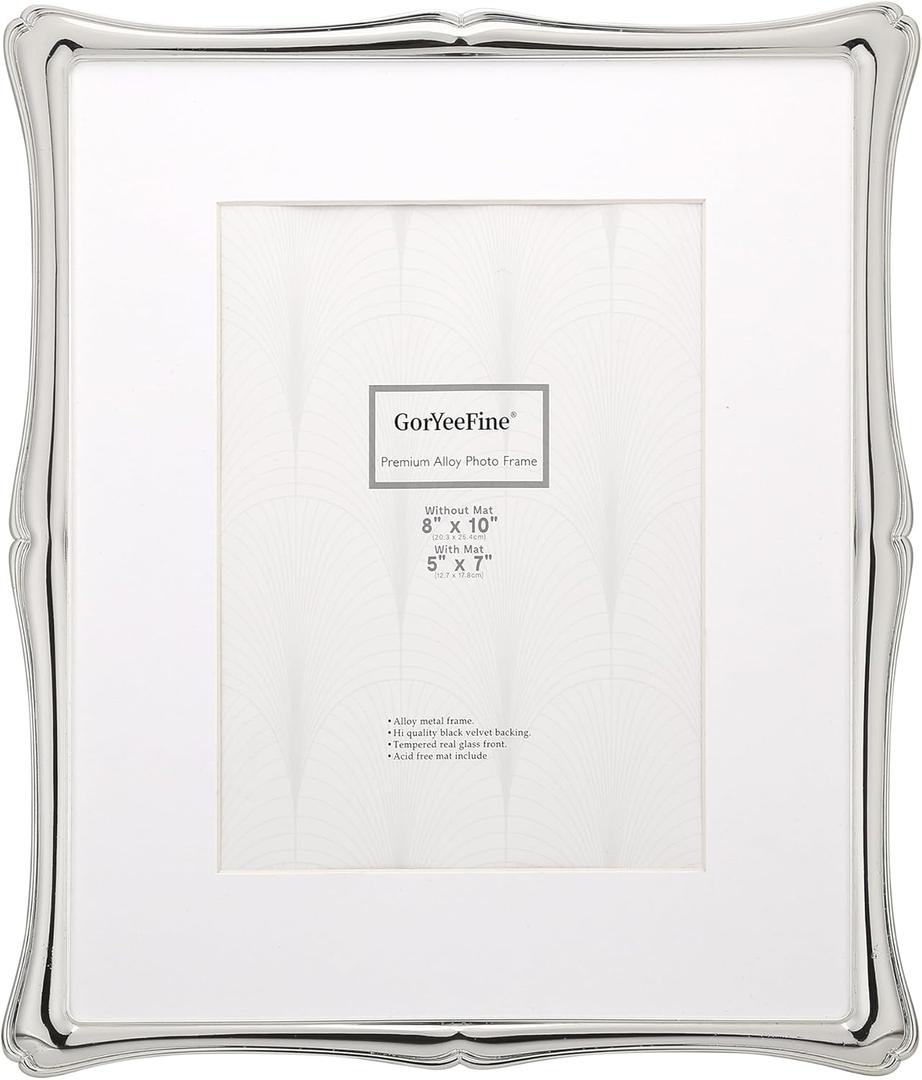 Silver 8x10'' Premium Alloy Picture Frame with Acid Free Mat for 5x7'',Luxury Hi-End Photo Frames 5x7'' with Black Velevt Backing for Desktop and Wall Hanging