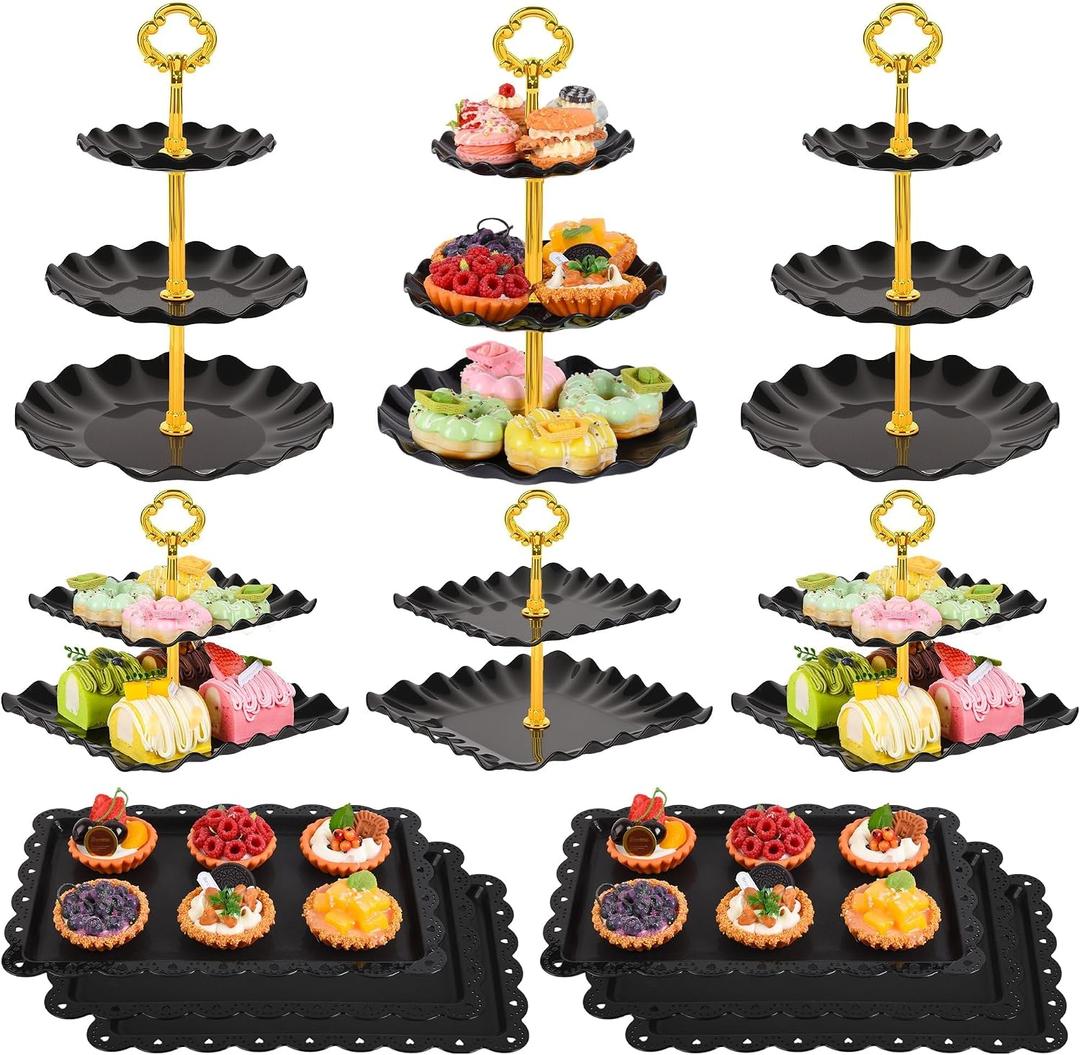 12-Pack Dessert Table Display Set, 6 Cupcake Stands and 6 Dessert Trays, Plastic Dessert Display Stands and Cake Stand, Treat Table Displays Set for Wedding, Baby Shower, Tea Party (Black)