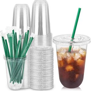 Qinsihwn 25 Set 16oz Plastic Cups with Flat Lids and Straws,Disposable Plastic Iced Coffee Cup,Disposable Clear Drinking Cups for Cold Beverages,Milkshakes,Smoothies