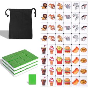 GRACIAS 2 Players Mahjong Block Set, Mahjong Tile Game with 50 Premium Green Tiles(30mm) Animal and Food Pattern, Portable Mahjongg Set with A Carry Bag