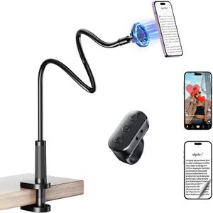 Magnetic Phone Holder for Bed Laying Down with Remote Page Turner, Bedside Gooseneck Phone Stand with Clicker for Reading, Flexible Mount with Wireless Scrolling Ring for iPhone/Tiktok/Short Video