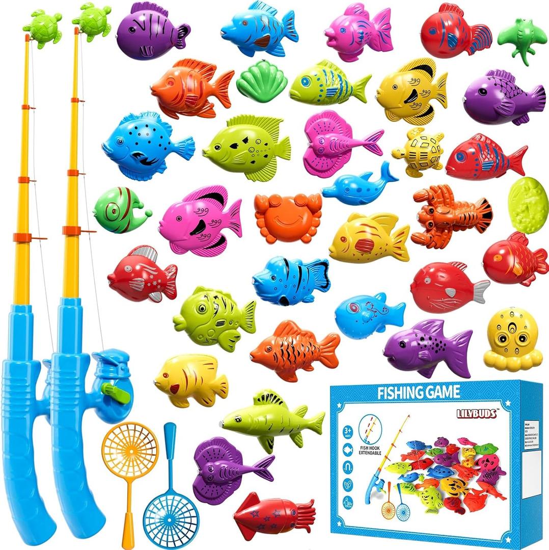 Magnetic Fishing Game Toys for Kids Toddlers 3-5 4-8, Water Table Bathtub Toys with Pole Rod Net Plastic Floating Fish, Water Bath Pool Outdoor Toys for Kids Toddlers Baby Age 3 4 5 6 7 8 Year Old, 35Fish+2Rod+2Net
