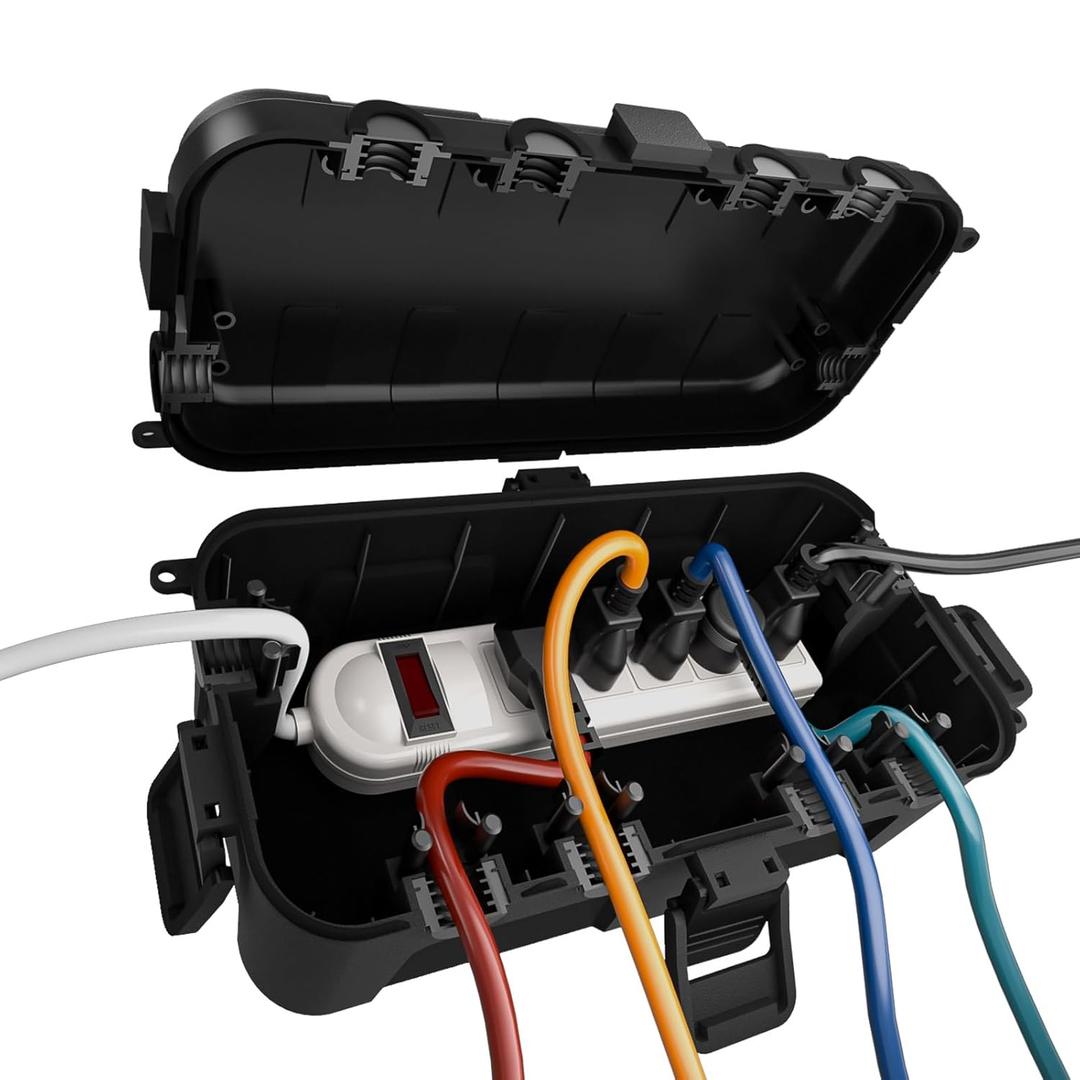 Flemoon Medium Outdoor Electrical Box (11.5x5.2x4 inch), IP54 Waterproof Extension Cord Cover w/6 Cable Entry Ports, Weatherproof Connection Box for Power Strip, Timer, Plug, Holiday Lights, Black