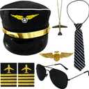 6 Pcs Airline Pilot Captain Costume Kit with Aviator Sunglasses,Airline Pilot Captain Hat Costume Accessories for Halloween Party Cosplay Supplies
