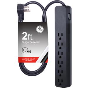 GE Pro 6 Outlet Surge Protector, 2 Ft Long Extension Cord, Power Strip, Flat Plug, Wall Mount, Black, 45170