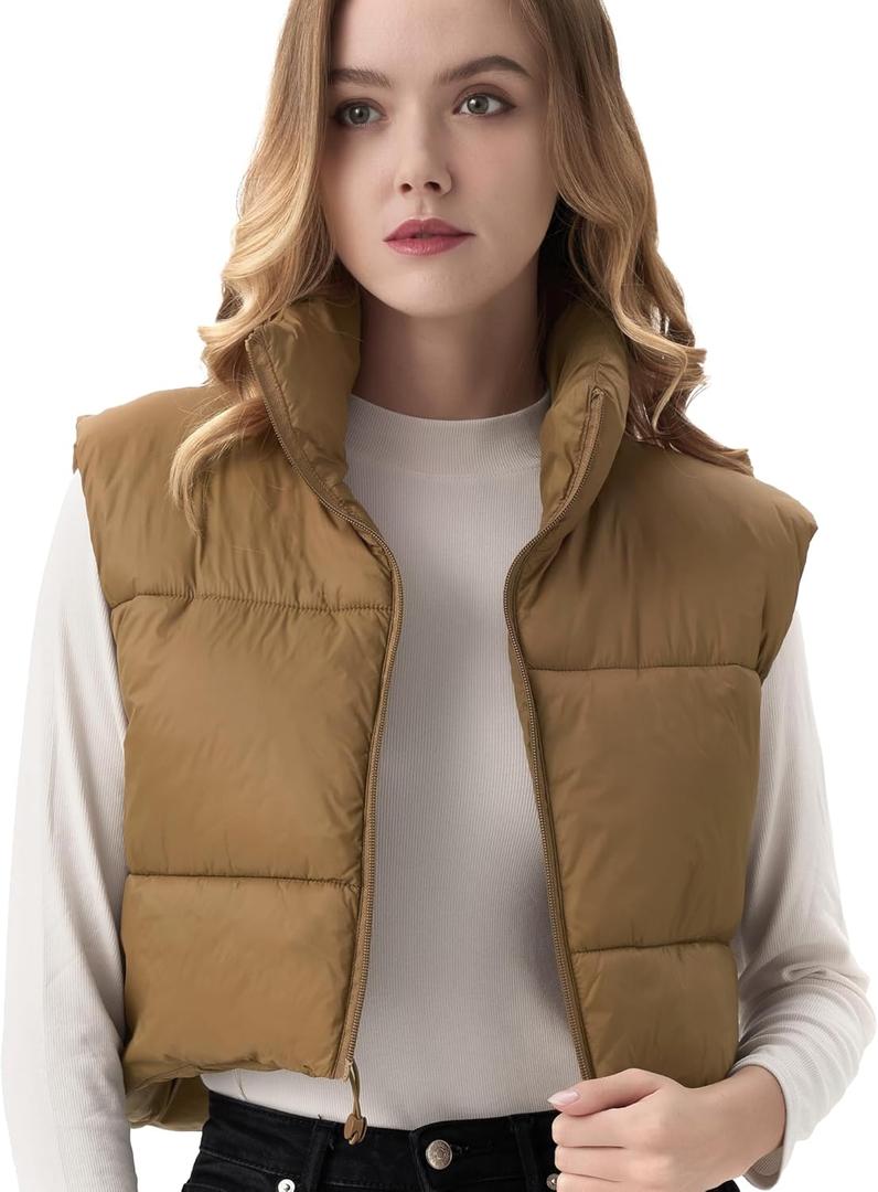 Women's Cropped Puffer Vest Lightweight Sleeveless Warm Vests For Women Winter Stand Collar Padded Gilet (Khaki), Small
