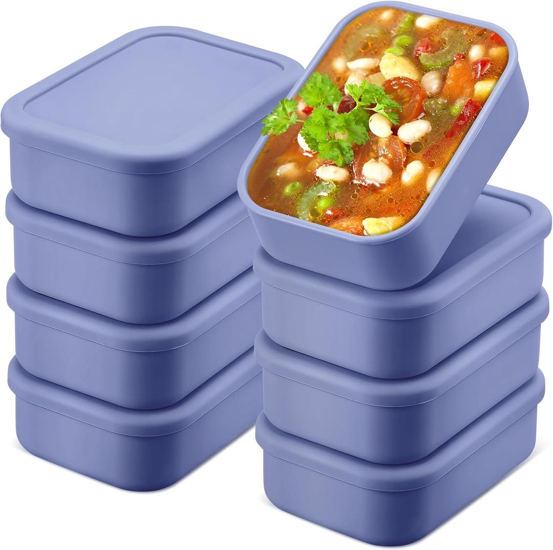 Nuogo 8 Pcs 2 Cup Silicone Freezer Trays with Lid Silicone Soup Freezer Molds Rectangle Soup Containers Reusable Food Preserving Tray Freezing Ice Trays for Soups Sauces Stews (Dusty Blue)