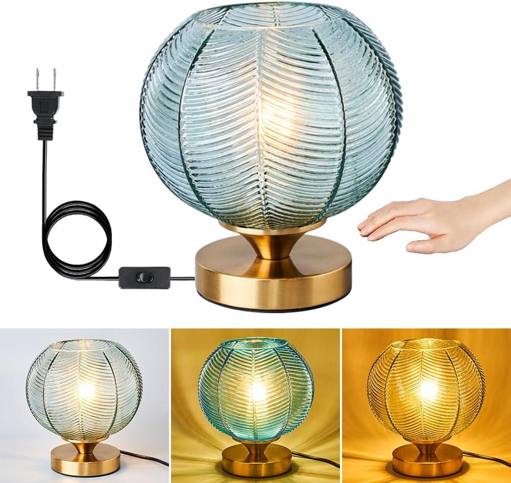 Mid-Century Modern Green Glass Table Lamp 3 Brightness Levels Dimmable Touch Control Desk Lights with Plug in Cord On/Off Switch, Globe Decor Nightstand Lamps For Bedroom Living Room Office (Green)