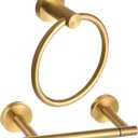 Brushed Gold Toilet Paper Holder Set, Stainless Steel Towel Ring, Double Post Pivoting Toilet Paper Holder and Hand Towel Holder Set for Bathroom