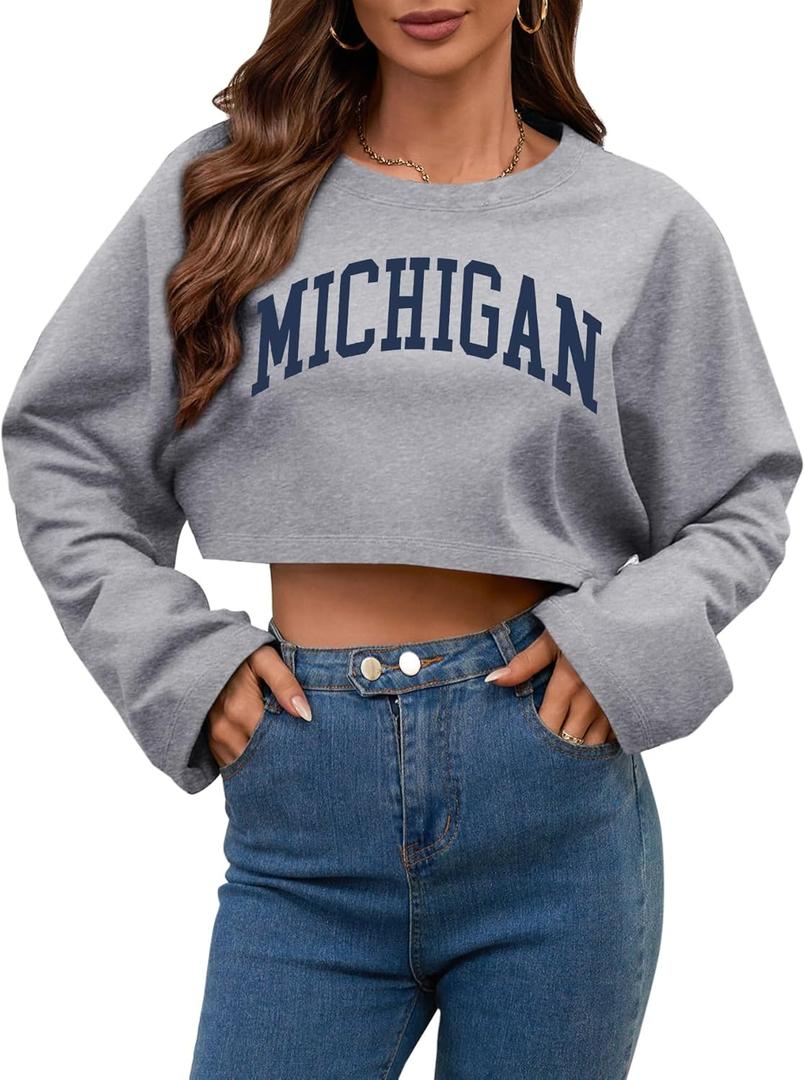 Women Long Sleeve Cropped Sweatshirt Oversized Crew Neck Workout Tops Grey Michigan X-Large (Gray, XL)