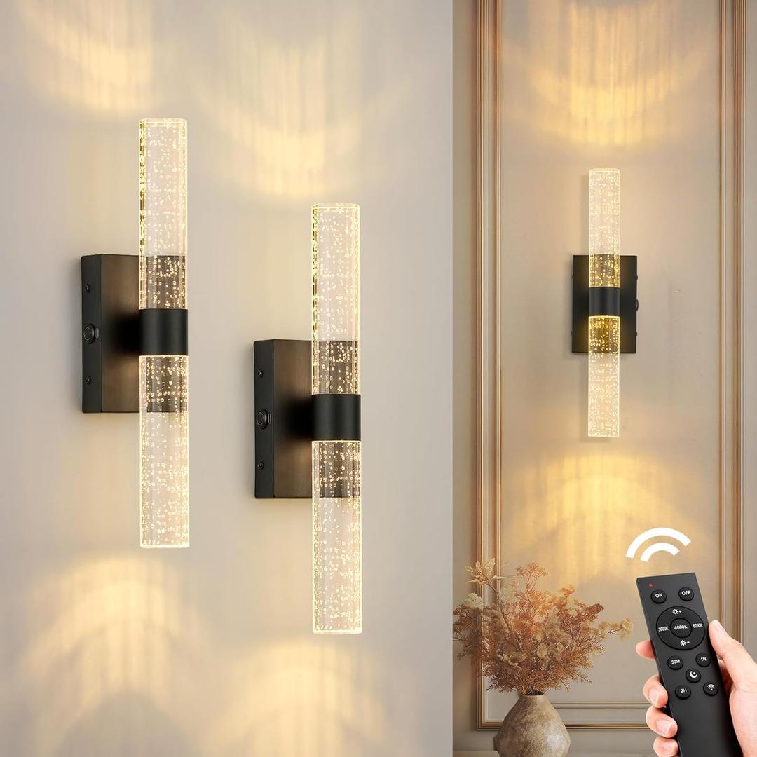 Black Battery Operated Wall Sconces Set of 2, 20000mAh Rechargeable Wall Light with Remote Control, 3000K-6000K Dimmable Wireless LED Sconces for Bedroom, Living Room, 15.6 Inch