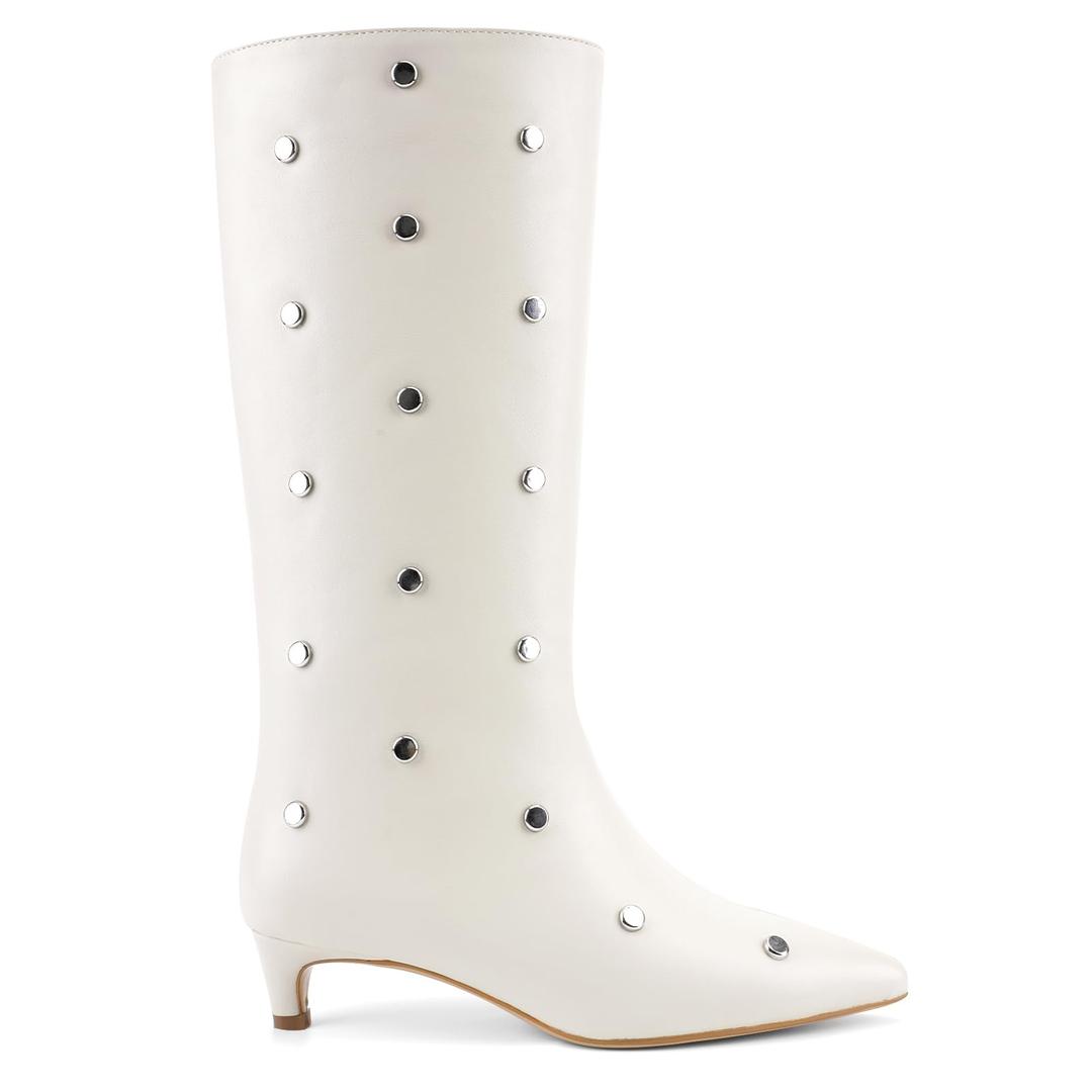 QIV White Studded Knee High Boots Women Pointed Toe Kitten Heel Mid Wide Calf Boots with Zipper Size 8.5