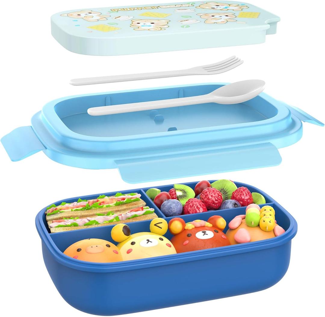 OZONOG Bento Box for Kids, Bento Lunch Box for Girls & Boys,3-Compartment Non-BPA Lunch Container with Utensils, Microwave & Dishwasher Safe, Ideal for Meal Prep & School (blue)