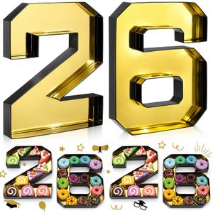 2 Pcs 10" 26 Cardboard Charcuterie Numbers Fillable Graduation Board Number Large Fillable Numbers 2026 Letters Trays for Food Chocolate Candy School Congrats Grad Party Supplies(Black Gold)