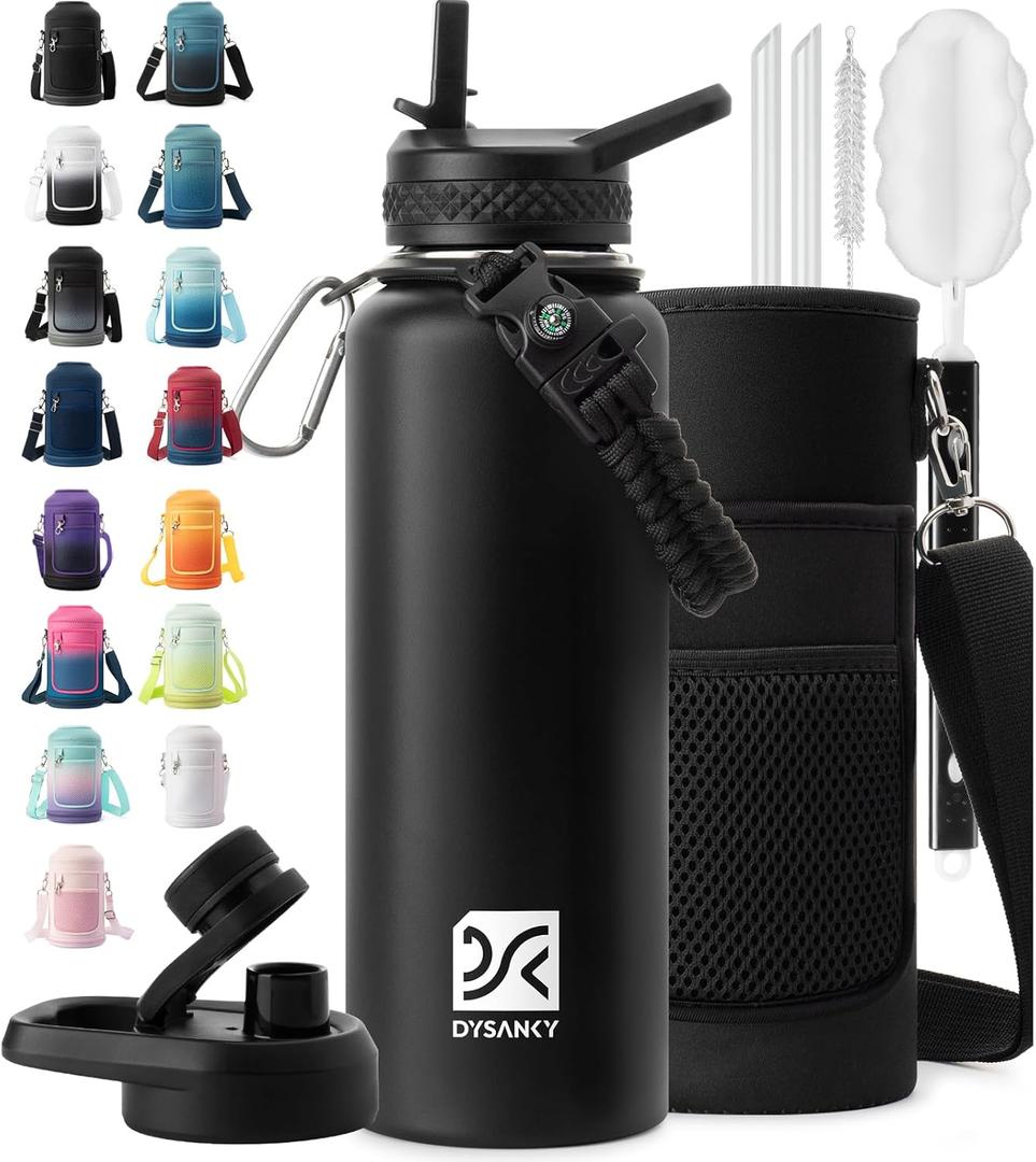 DYSANKY 40 oz Insulated Water Bottle | Thickened Stainless Steel Vacuum Metal | Portable Sports Water Jug for Gym and Hiking with Straw, Carrier Bag, Handle Strap | BPA-Free 40 oz, Black